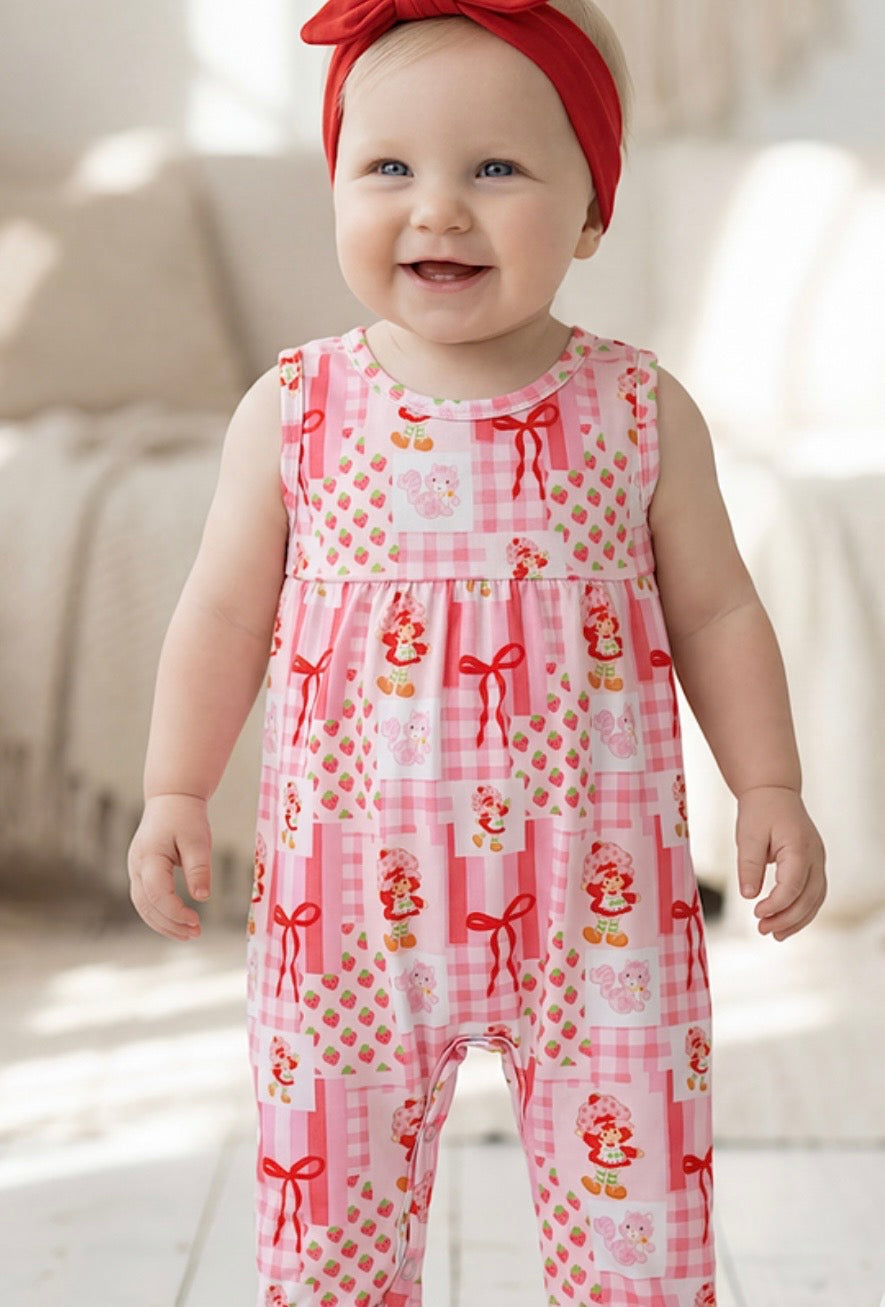 Strawberry coquette bow printed baby romper