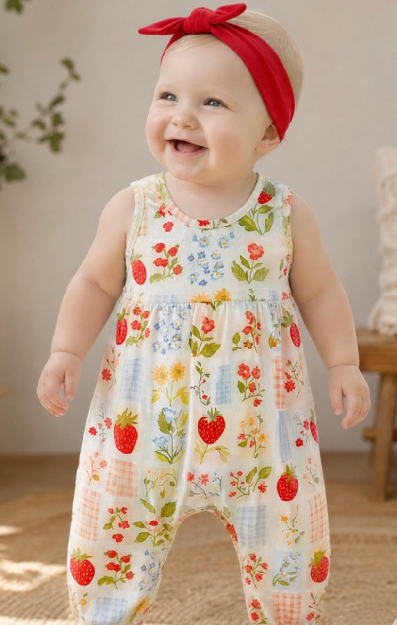 Ivory and blue gingham strawberry printed romper