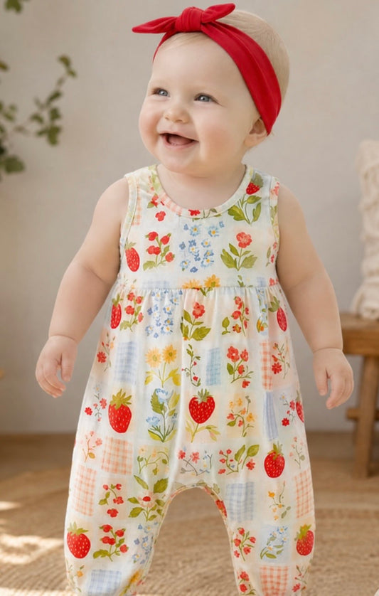 Ivory and blue gingham strawberry printed romper