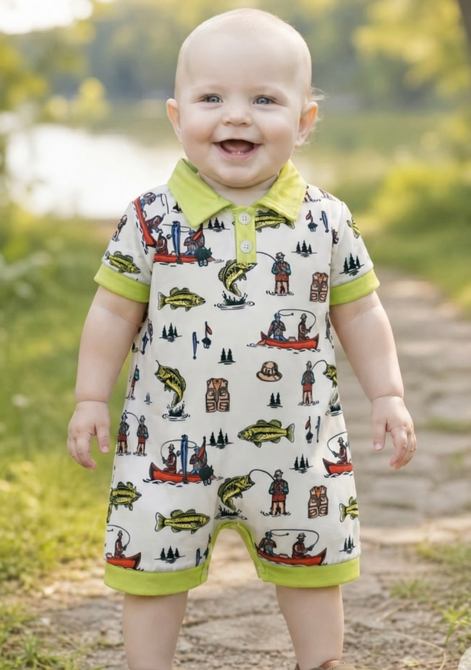 Gone fishing baby romper W/lime green Hem & snaps