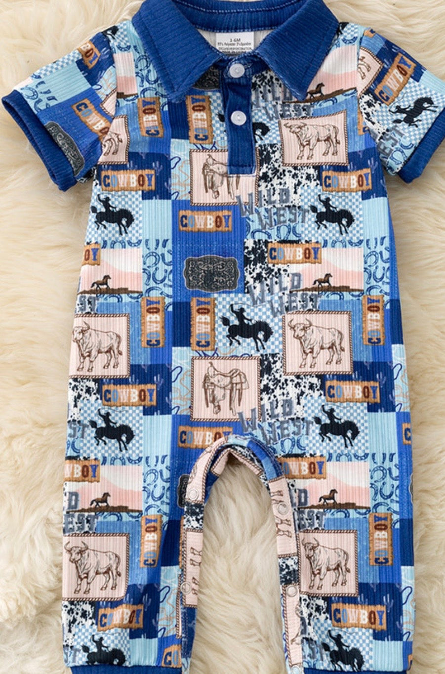 Royal blue trim cowboy multi printed jumpsuit