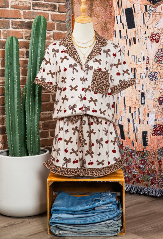 White chic bow cherry printed leopard pj set