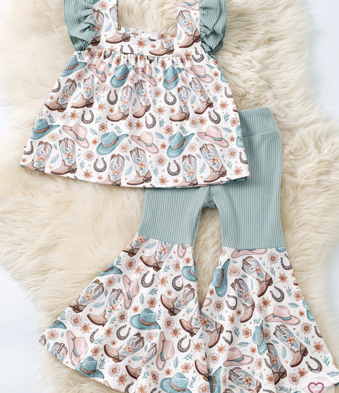 Western printed on dusty green 2 pieces