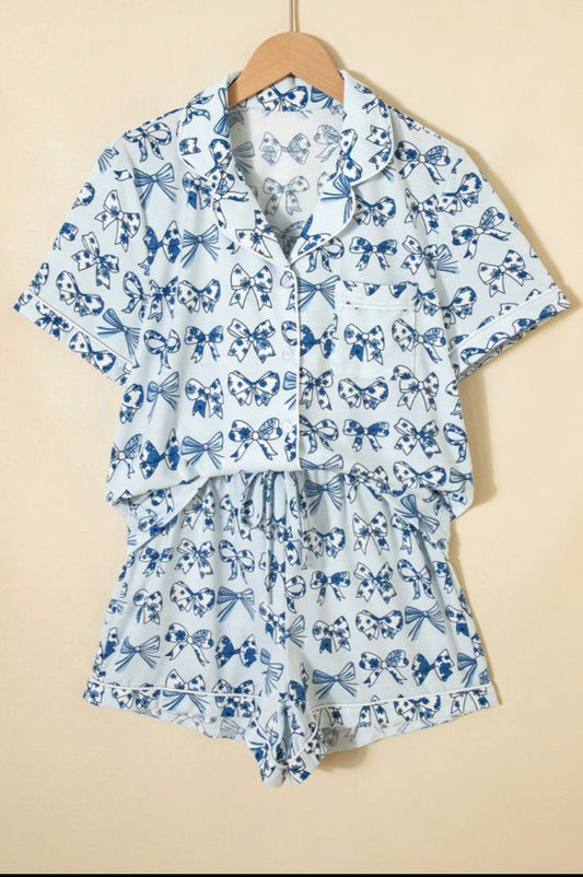 Sky blue bow print short set pjs