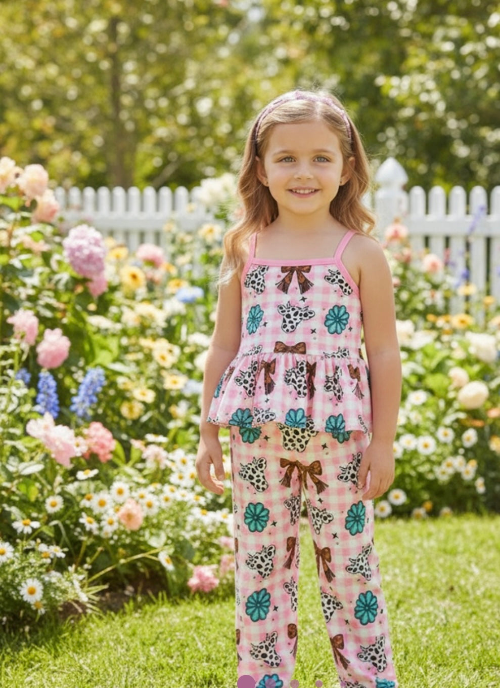 Pink coquette w/printed concho,coquette bow & cow 2 piece set