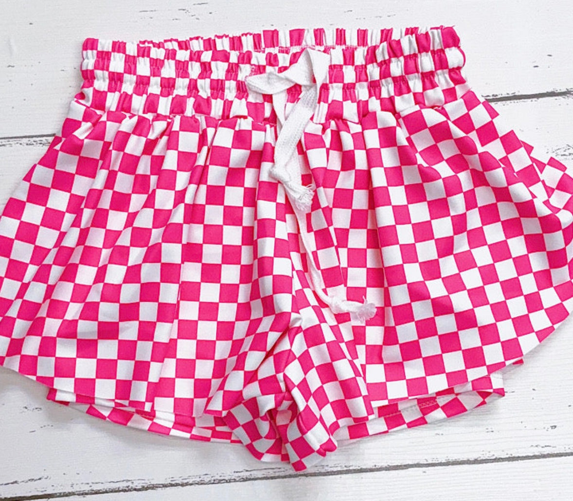 White & Fuchsia checkered print shorts