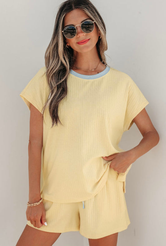 Yellow cream soft ribbed short set