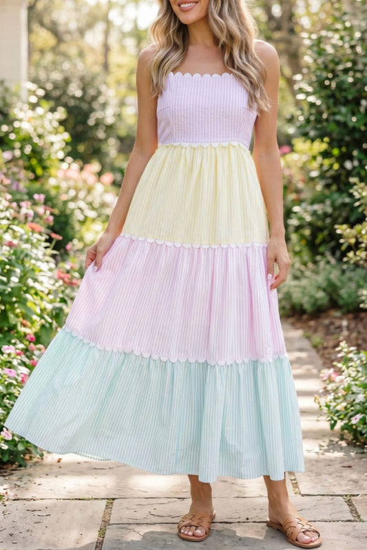 Multi-colored striped color block adjustable strap scalloped long dress