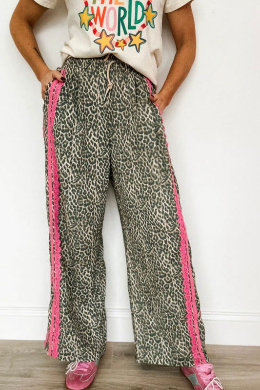 Brown wild leopard print contrast lace striped drawstring pants