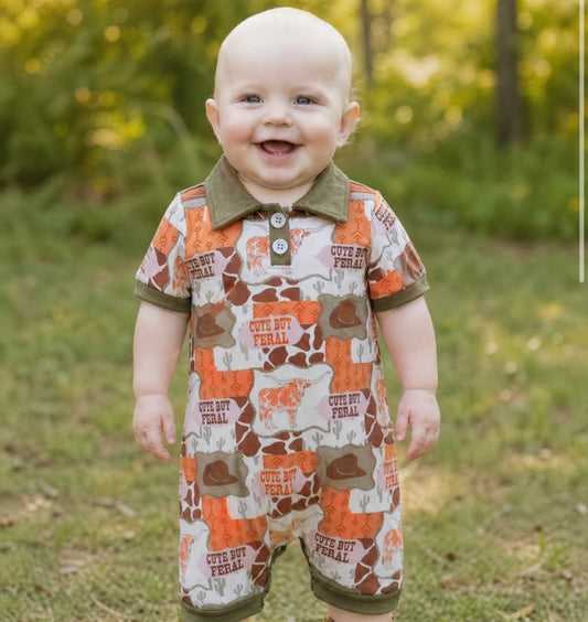 Longhorn printed baby romper w/olive green hem & snaps