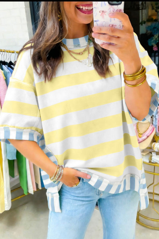 Yellow stripe exposed seam contrast patchwork oversized top