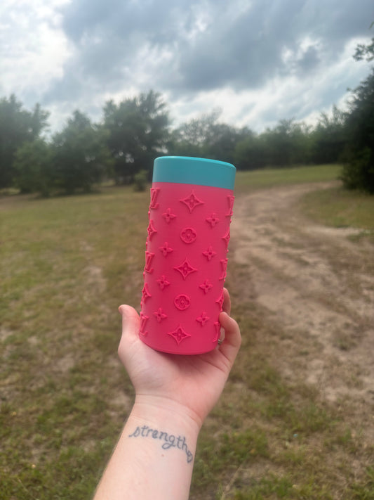 Hot pink slim koozie with turquoise lid