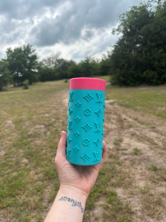 Turquoise slim koozie with hot pink lid
